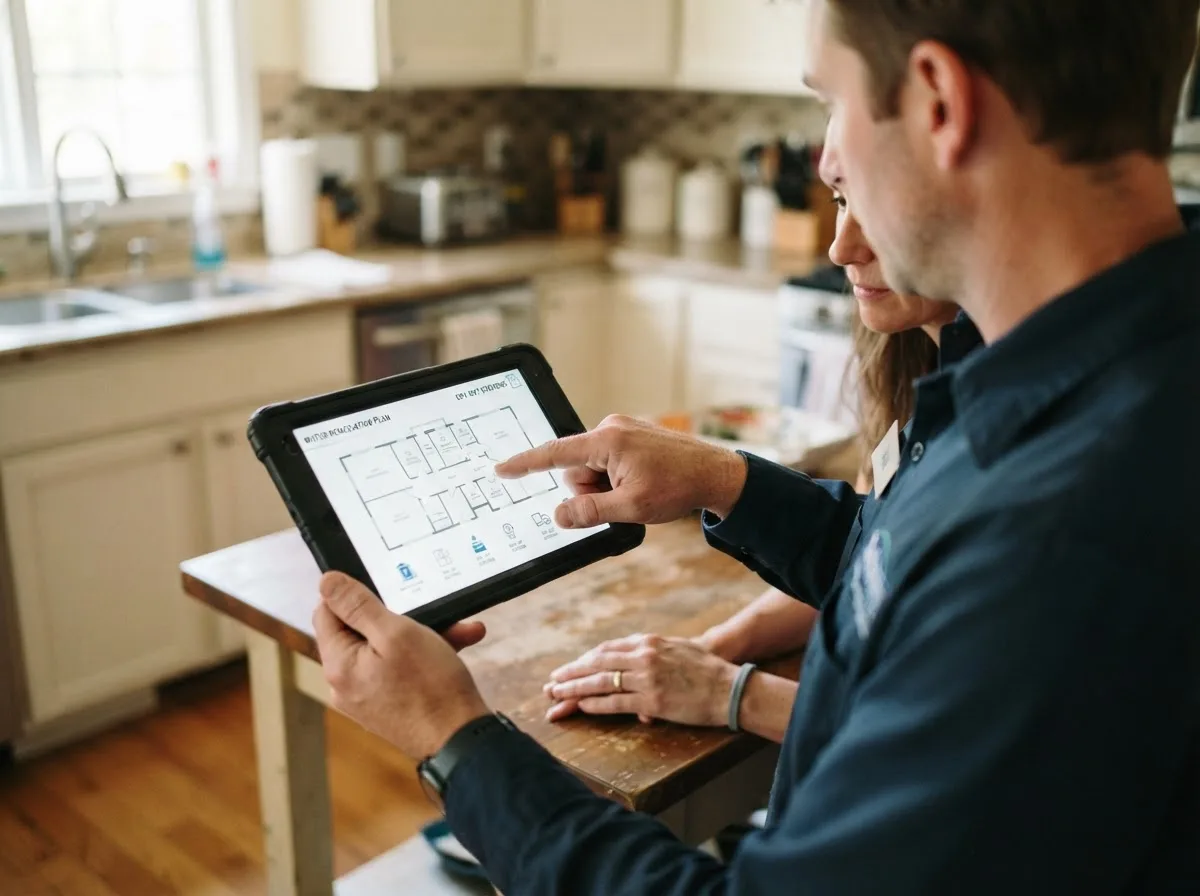 Water damage restoration technician inspecting a home in Cameron, MT